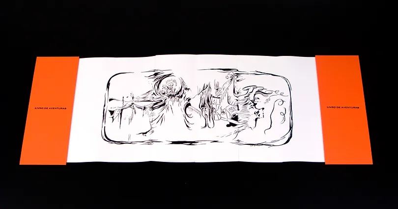 Livro de Aventuras #5, Tinta da china sobre papel, folio com duas abas forradas em tecido, com caixa, fechado 45x18x3cm aberto 45x180x0,5cm, 2008-Rui-Horta-Pereira
