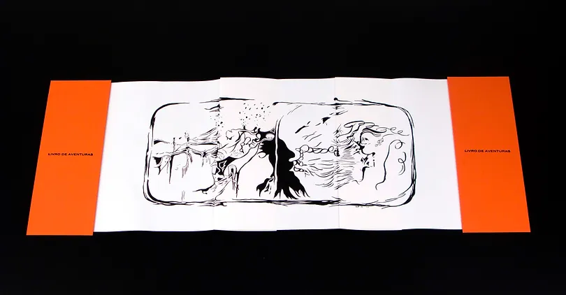 Livro de Aventuras #6, Tinta da china sobre papel, folio com duas abas forradas em tecido, com caixa, fechado 45x18x3cm aberto 45x180x0,5cm, 2008-Rui-Horta-Pereira