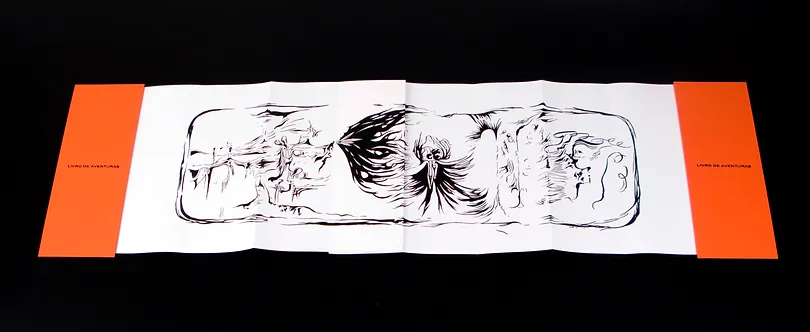 Livro de Aventuras #7, Tinta da china sobre papel, folio com duas abas forradas em tecido, com caixa, fechado 45x18x3cm aberto 45x180x0,5cm, 2008-Rui-Horta-Pereira