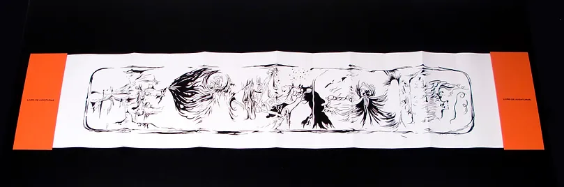 Livro de Aventuras #9, Tinta da china sobre papel, folio com duas abas forradas em tecido, com caixa, fechado 45x18x3cm aberto 45x180x0,5cm, 2008-Rui-Horta-Pereira